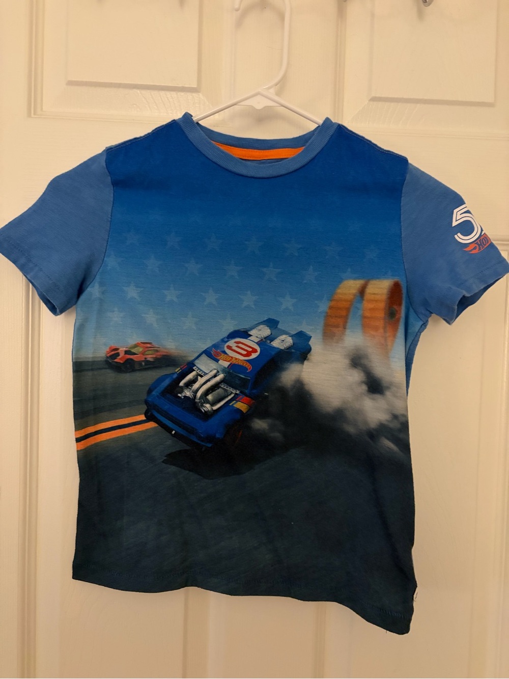GAP Blue Hot Wheels 50 Racing Car Graphic Tee with Orange Trim